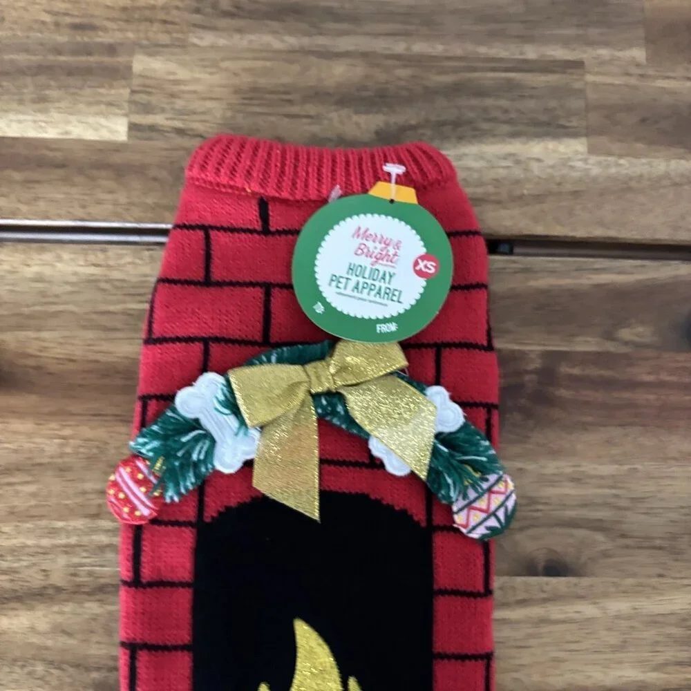 Merry &‎ Bright Holiday Dog “Ugly Sweater” Fireplace Xmas Pet Apparel XS NWT